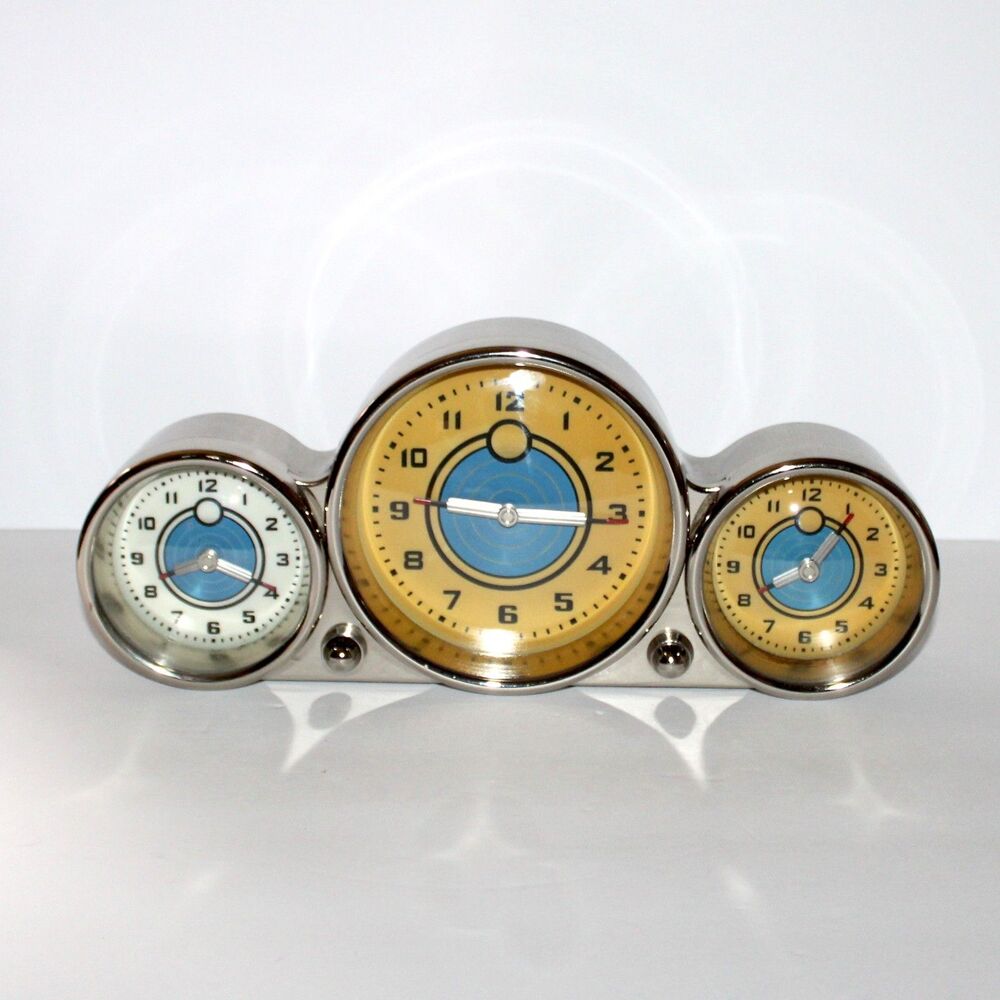 Pottery Barn Chrome 3 Time Zone Clock Blue Light retro dashboard aviator car